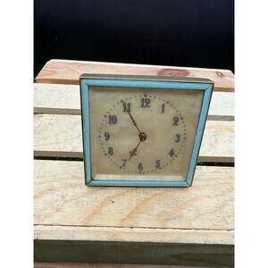 Vintage Mid-Century Brass Square Desk Clock-Light Blue Enamel Trim